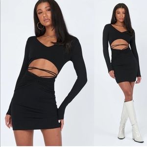 Princess Polly Noa Black Long Sleeve Ribbed Cut Out Criss Cross Tie Mini Dress